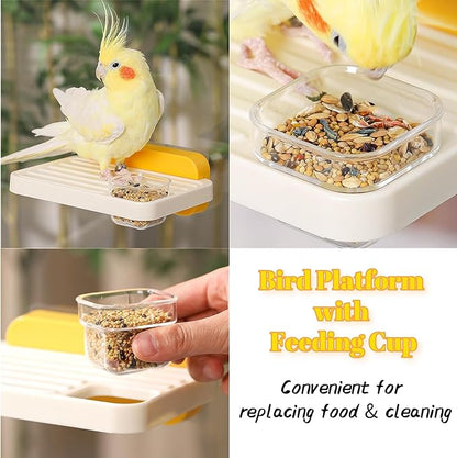 Hamiledyi Bird Perch Platform with Feeding Cup for Cage Window Perch Stand Feeder Bowl for Parakeets Conures Cockatiels Parrot Lovebird