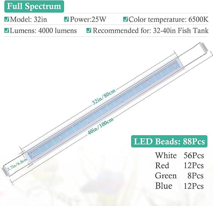 HITOP Full Spectrum LED Aquarium Light – 32-40" Classic Fish Tank Light with Timer, Aquarium Plant Light with Stable Extendable Brackets (32-40in)