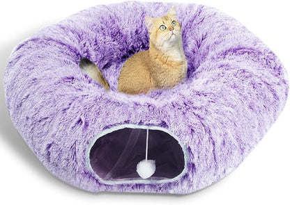AUOON Cat Tunnel Bed for Indoor Cats - Circle Peekaboo Cat Cave with Washable Mat for Indoor Cats Kitten Kitty Puppy Rabbit Ferret (Purple)