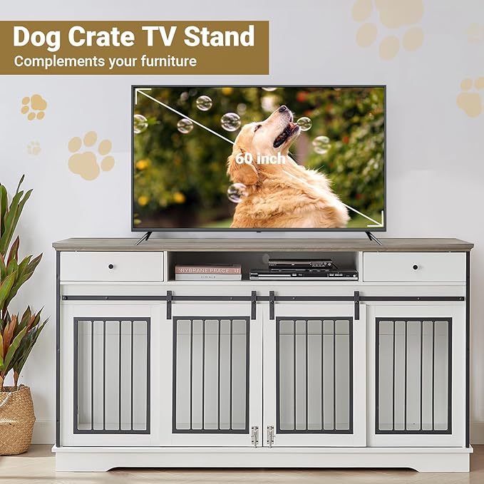 Rovibek 66" Double Dog Crate Furniture, Large Dog Kennel Furniture TV Stand for 2 Dogs, Furniture Style Dog Crates End Table, Wood Crates for Dogs White