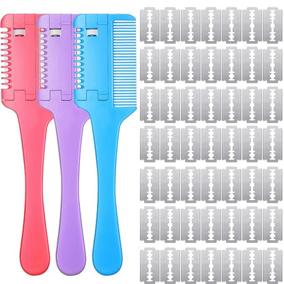 3 Pcs Pet Grooming Razor Comb with 50 Replacement Blades - Double Sided Hair Trimmer, Cutter and Scissors Tool for Dogs and Cats(Pink, Blue, Purple)