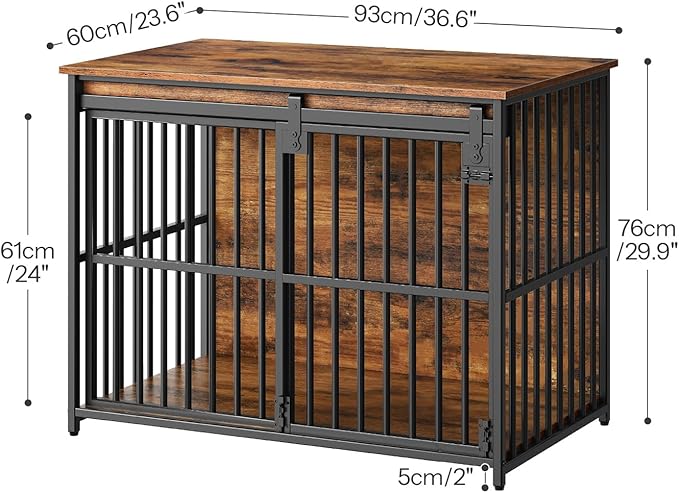 HOOBRO Dog Crate Furniture, 36.6" Heavy Duty Dog Kennel with Sliding Barn Door, Wooden Dog Cage Indoor, Decorative Side End Table for Small/Medium Dogs, Rustic Brown and Black FG162GW03G1