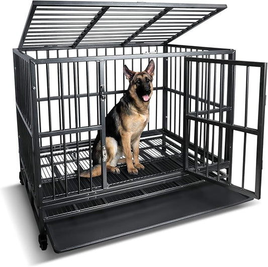 42 inch Heavy Duty Metal Dog Cage Wire Kennel Crate for Training Large Dog Indoor Outdoor with Double Doors & Locks Design Included Lockable Wheels with Removable Tray