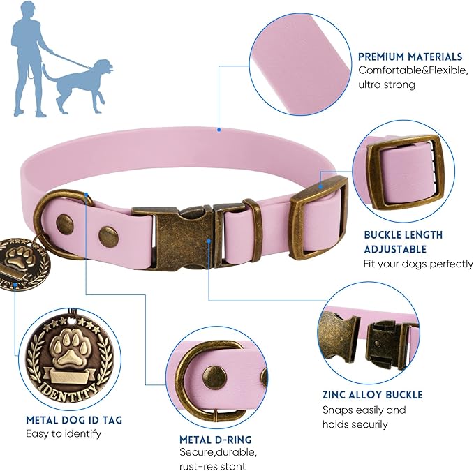 Wisedog Dog Collar and Leash Set, Waterproof Adjustable Puppy Collars with Cute Tag 6FT Dog Leash with Poop Bag for Small Medium Large Dogs (M, Pale Pinkish Purple)