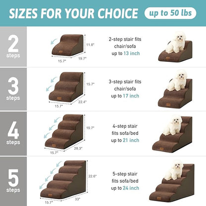 Dog Stairs for Small Dogs, Curved Pet Step with Leakproof Cover, High Density Foam Cat Ramp for Bed or Sofa, Lightweight, Durable, Comfort, 15.7x22.4x15.7 inch, 3 Tiers, Brown