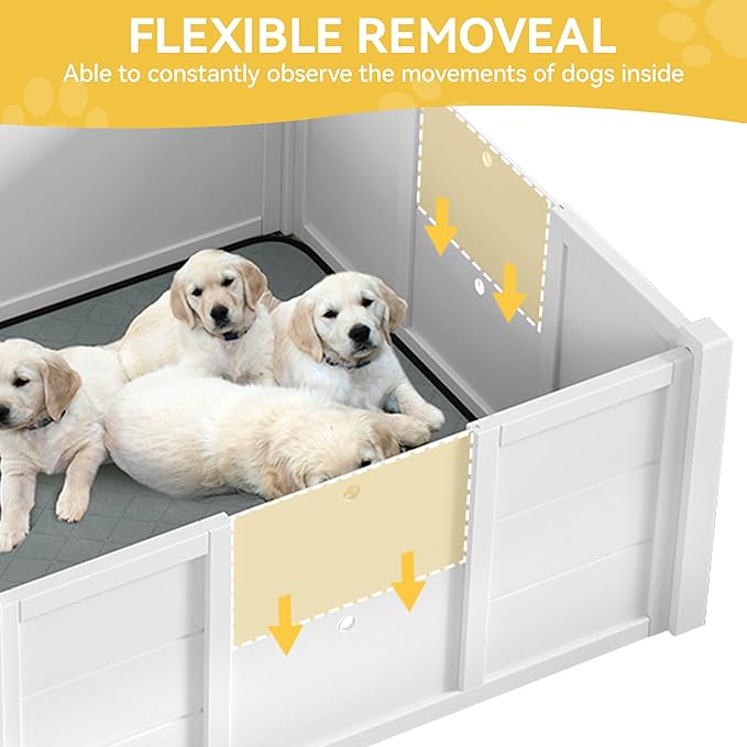 DWVO Wooden Whelping Box for Large Breed Dogs: Puppy Pen Indoor Puppies Playpen 39.4"x39.4"x17.7" with Washable Pad & Removable Doors, Safe Birthing Space for Small Medium Corgi, Poodle, Husky (White)