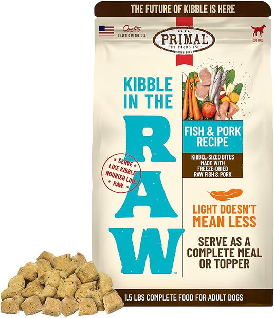 Primal Kibble in The Raw, Freeze Dried Dog Food, Fish & Pork, Scoop & Serve, Made with Raw Protein, Whole Ingredient Nutrition, Crafted in The USA, Dry Dog Food 1.5 lb Bag