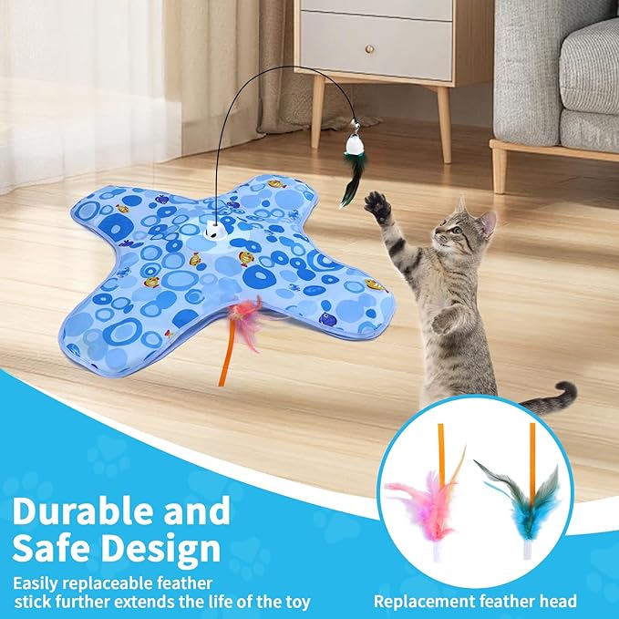 DFQ Cat Toys,3 in 1 USB Rechargeable Automatic Kitten Toy,Flying Bird Kitten Wand,Hide and Seek Exercise Kicker for All Breeds Indoor Adult Cats(Blue Fish with Pole)