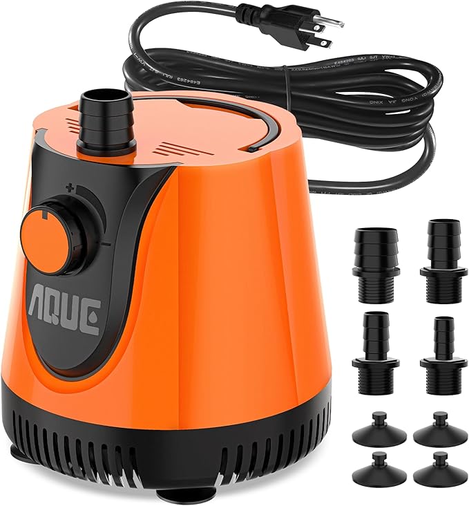 AQUE 360° All-round Water Intake Submersible Pump. It is suitable for fish tanks, ponds, aquariums and hydroponic systems. It comes with a 6-foot power cord and 4 nozzles. (60W)