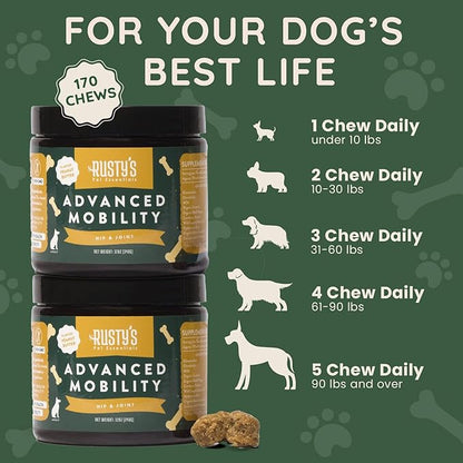 Rusty's Pet Essentials Premium Hip & Joint Dog Supplement (170 Chews) - Advanced Mobility - Formulated with Chondroitin - Calcium - Glucosamine - Turmeric & MSM for Joint Health - Made in The USA