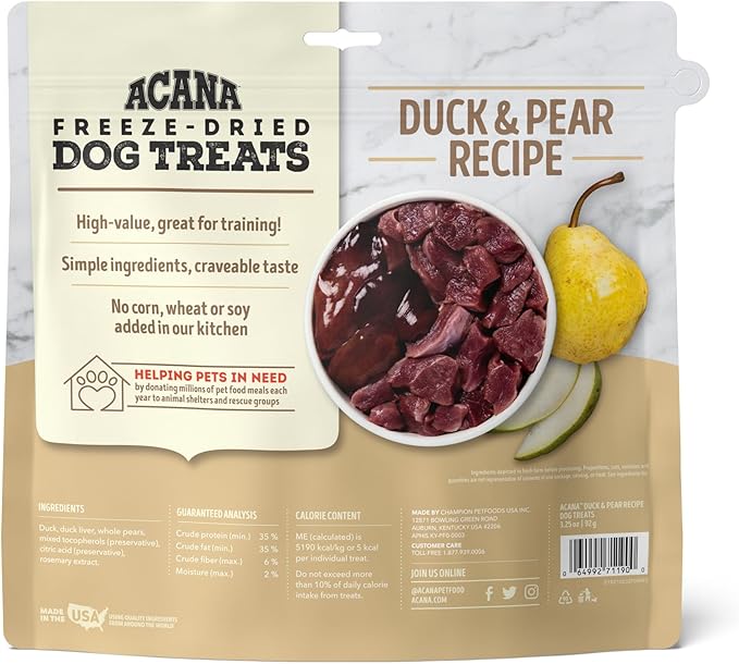 Singles Freeze Dried Dog Treats, Limited Ingredient Grain Free Duck & Pear Recipe, 3.25oz