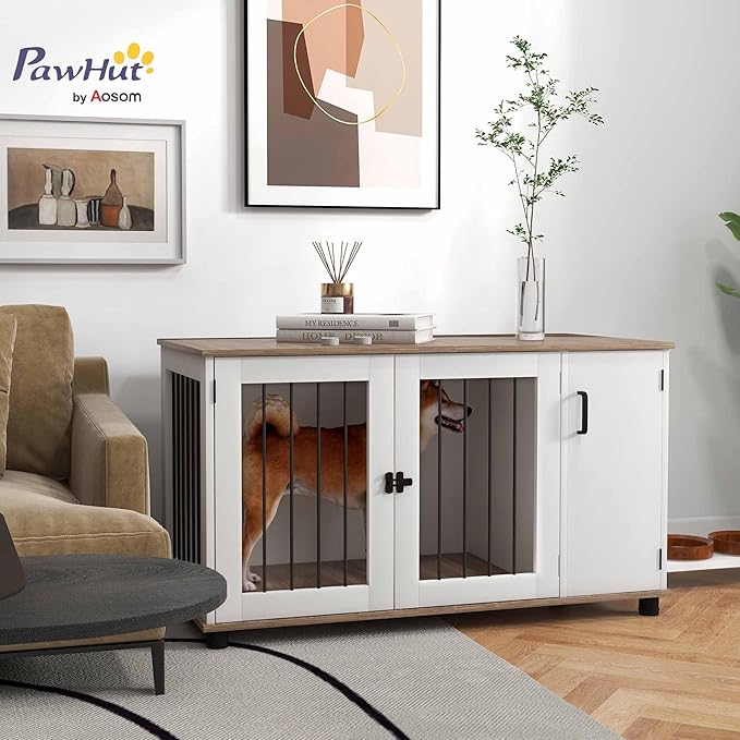 PawHut Dog Crate Furniture Side End Table with Storage, Dog Kennel Furniture Indoor with Double Doors for Medium and Large Dogs, Walnut