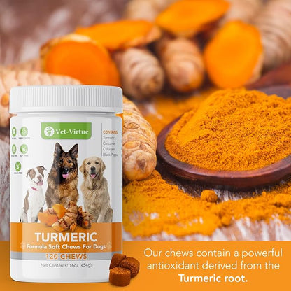 Turmeric for Dogs Anti Inflammatory Pain Relief | Organic Curcumin Dog Supplement with Collagen & Bioprene, Anti Inflammatory for Dogs, Supports HIPS, Joints & Mobility | 120 Count