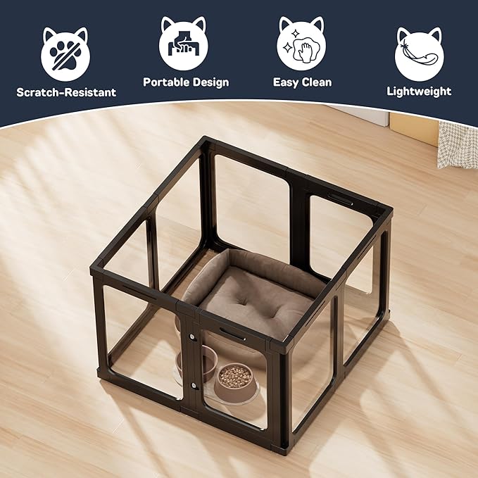 Acrylic Dog Playpen Indoor, 8 PCS Plastic Puppy Playpen with Door, Clear PlayPen for Dog Cat Rabbit Ferret, Easy Assemble Pen, Preferable Small Cage, Black, 33.5" L x 33.5" W x 24" H