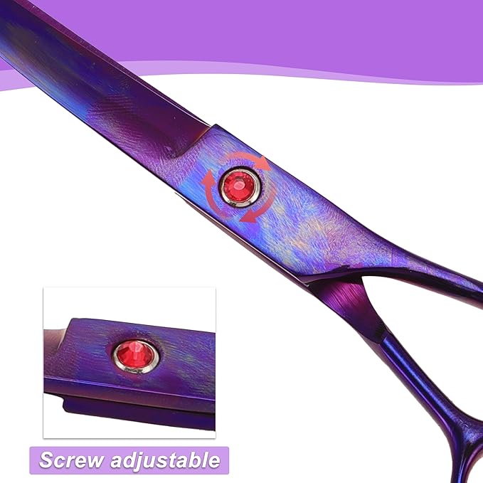 Dog Grooming Scissors, with Ergonomic Handle, Pill Popper for Cats, Upper Bend Shears, Stainless Steel Curved Shears for Dogs Cats, Purple, 7.5inch