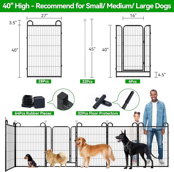 Dog Playpen Outdoor 32 Panels Heavy Duty Dog Fence 40" Height Anti-Rust with Doors Portable for RV Camping Yard, Total 72FT, 412 Sq.ft, Snowy Black