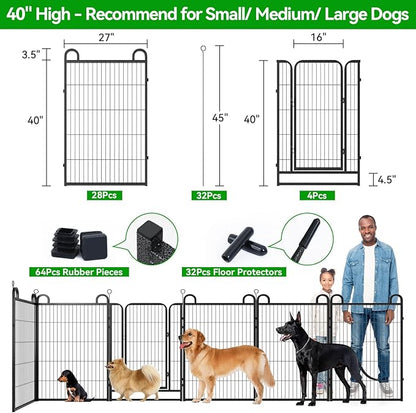 Dog Playpen Outdoor 32 Panels Heavy Duty Dog Fence 40" Height Anti-Rust with Doors Portable for RV Camping Yard, Total 72FT, 412 Sq.ft, Snowy Black