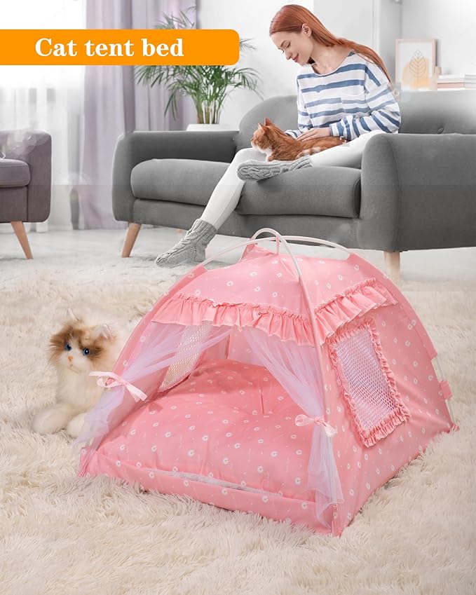 Cat Princess Bed Tent House - Kitty Cute Tent Indoor,Small Dog House Indoor/Outdoor Cave Nest Bed Small Dog Tent for Cat,Puppy Tent (19.6"x19.6"x17.7"/Pink)