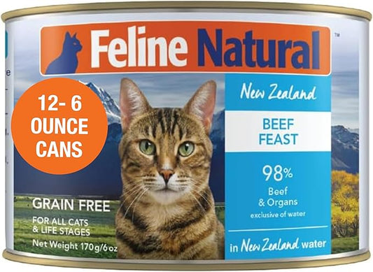 Feline Natural Wet Cat Food Pate, Beef Feast, 6 Oz Cans (Pack of 12), Grain Free, Made in New Zealand with Grass-Fed and Finished Beef, Single Source, Limited Ingredient