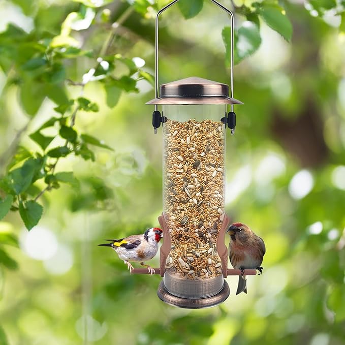 MIXXIDEA Wild Bird Feeders for Outdoors Hanging 2 Pack Stainless Steel Tube Bird Feeder, Water Resistant Finch Bird Feeder for Garden Backyard Decoration Attractive Metal Thistle Feeder (Copper)