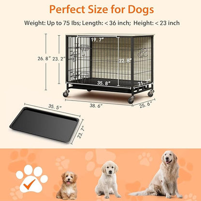 Large Dog Crate Furniture, 38.6" L x 25.6" W x 26.8" H, Indoor Pet Crate with Double Doors, Removable Tray and 360° Wheels, Wooden Countertop Dog Kennel, Gray+Black