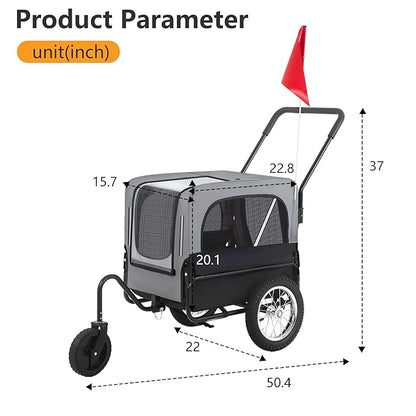 FDW Dog Stroller 2-in1 Dog Bike Trailer Pet Stroller Bicycle Carrier with Hitch Suspension Visibility Flag & Reflectors for Small Medium & Large Dogs, Gray