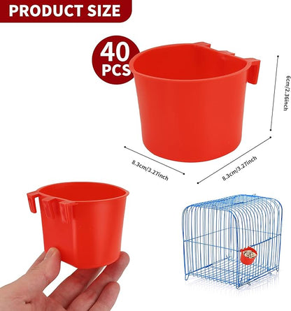 40 Pcs Cage Cups Birds Feeders Bird Water Dispenser Hanging Quail Waterer Plastic Chicken Feeding Watering Dish for Small Coop Parrot Parakeet PET Poultry Pigeon Gamefowl Food Seed Bowl Supplies(Red)
