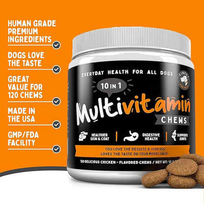 Finest For Pets Multivitamin Dog Supplement – 10 in 1 with Omega Fish Oil & Glucosamine for Improved Joint & Skin Support, Gut, Digestion & Immune Everyday Health (120 Chewable Treats)