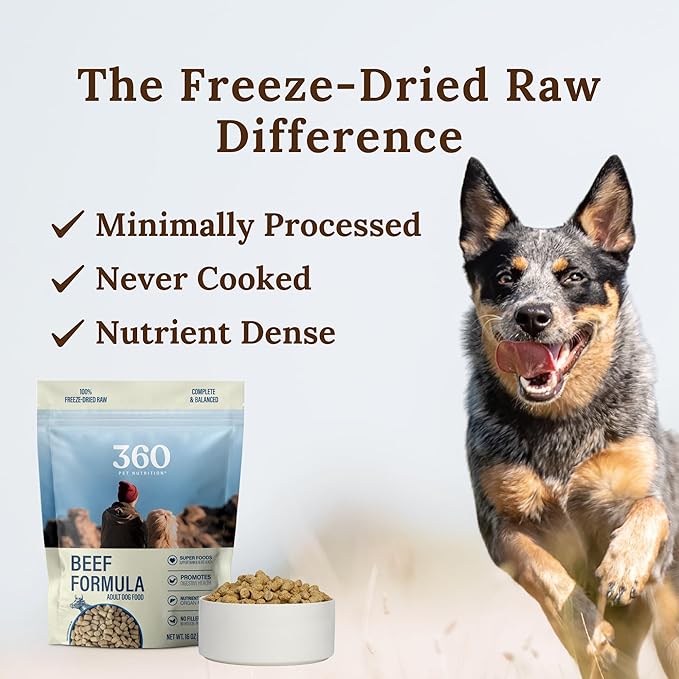 360 Pet Nutrition Freeze-Dried Raw Dog Food – Beef Recipe with Liver & Organs, High Protein with Omega-3s, Fruits, Veggies & Superfoods, Grain-Free, No Fillers, 1 lb – Made in USA