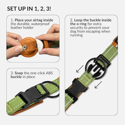 Airtag Dog Collar, CollarDirect, Reflective Dog Collar for Apple Air Tag for Large, Medium, and Small Dogs, Black, Green, Pink (L, Green)