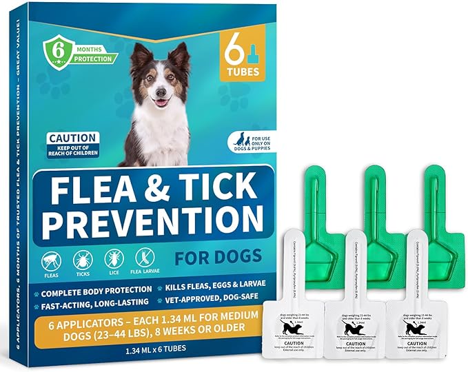 Flea and Tick Prevention for Dogs, 6-Month Supply Dog Flea and Tick Treatment Drops, Topical Fast-Acting Dog Treatment for Medium Dogs Up to 23 to 44 lbs