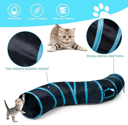 Sheldamy Cat Tunnel, S-2-Way Cat Tunnels for Indoor Cats, Collapsible Cat Play Tunnel, Interactive Toy Maze Cat House with 1 Play Ball for Cats, Puppy, Kitty, Kitten, Rabbit (Blue & Black)