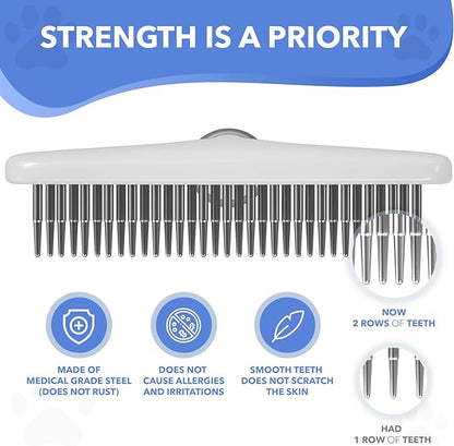 Dog rake deshedding dematting Brush Comb - Undercoat rake for Dogs, Cats, matted, Short,Long Hair Coats - Brush for Shedding, Double Row Stainless Steel pins - Reduce Shedding by 90% (White)