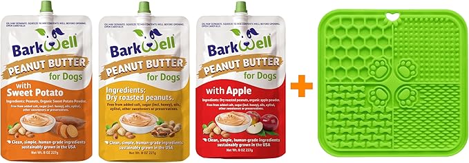 Peanut Butter Squeeze - All-Natural Dog Peanut Butter Dog Treat 3 Pack (24 oz) Sourced and Made in The USA Plus Free Lick Mat. Peanut Butter, Sweet Potato and Apple. 100% Natural
