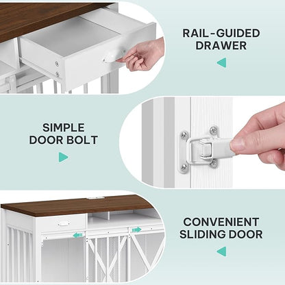 YITAHOME 63 Inch Double Dog Crate TV Stand with Charging Station, Heavy Duty Wooden Dog Crate Furniture for 2 Dogs, Dog Kennel Indoor Furniture Double Sliding Barn Door Design Ideal for 2 Dogs, White