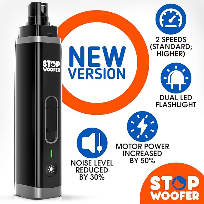 STOPWOOFER Dog Nail Grinder with 2 LED Light for Small Medium Large Dogs - New Version 2-Speed Powerful Electric Pet Nail Trimmer Quiet Painless Paws Grooming - Rechargeable Pet Nail Grinder for Dogs