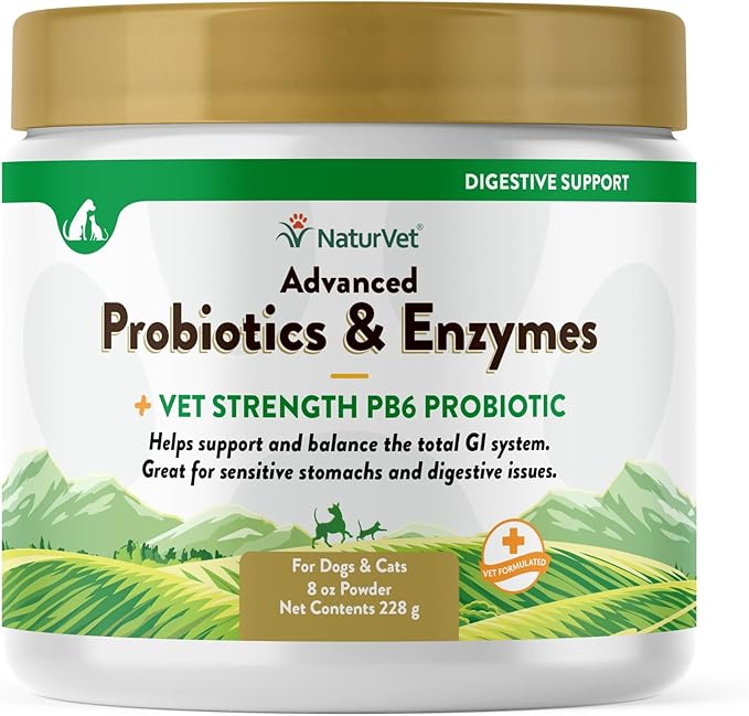 NaturVet  Advanced Probiotics & Enzymes - Plus Vet Strength PB6 Probiotic | Supports and Balances Pets with Sensitive Stomachs & Digestive Issues | for Dogs & Cats (8 oz)