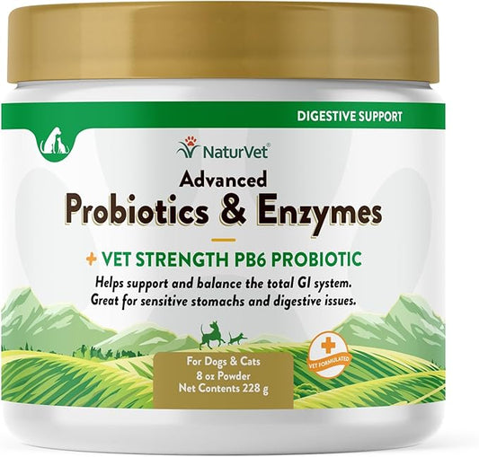 NaturVet  Advanced Probiotics & Enzymes - Plus Vet Strength PB6 Probiotic | Supports and Balances Pets with Sensitive Stomachs & Digestive Issues | for Dogs & Cats (8 oz)