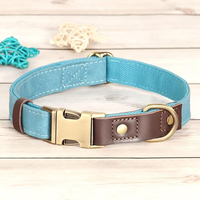 Didog Soft Padded Leather Dog Collar for Large Dogs, Classic Heavy Duty Dog Collars with Quick Release Metal Buckle, Adjustable Large Dog Collar Leather,Light Blue,L