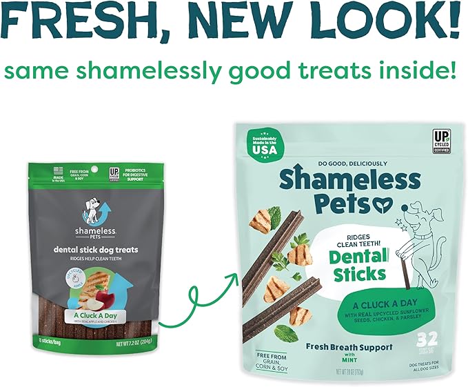 Shameless Pets Dental Treats for Dogs, A Cluck A Day (32 Sticks) - Sticks With Digestive Support for Teeth Cleaning & Fresh Breath - Dog Bones Chews Free From Grain, Corn & Soy