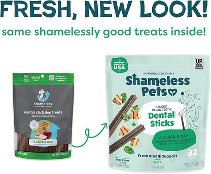 Shameless Pets Dental Treats for Dogs, A Cluck A Day (32 Sticks) - Sticks With Digestive Support for Teeth Cleaning & Fresh Breath - Dog Bones Chews Free From Grain, Corn & Soy