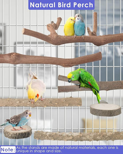Bissap Bird Perch Stand 7PCS, Natural Grape Wood Pole Standing Parrot Cage Branch Paw Grinding Fork Parakeet Platform Hammock for Conures Budgies Finches Cockatiels Small Birds Exercise Training