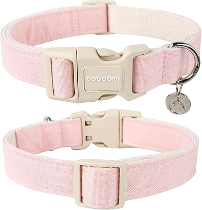 DOGWONG Cotton Hemp Dog Collar, Heavy-Duty Pink Dog Collar Adjustable Soft Natural Fabric Pet Cute Wedding Puppy Necklace for Small Medium Large Dogs