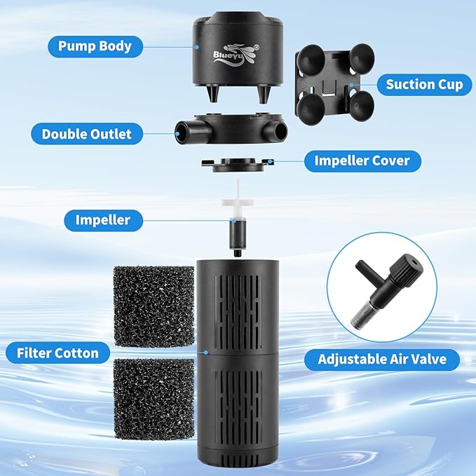Aquarium Filter, Fish Tank Filter 4-in-1 for 15-40 Gallon Tanks, Submersible Internal Filter with Wave-Maker, Oxygenation & Adjustable Air Flow for Freshwater/Saltwater/Turtle Tanks (8W)
