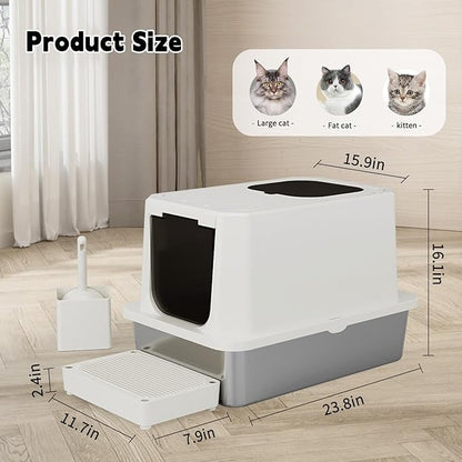 RIZZARI Stainless Steel Litter Box: 23.8" × 11.7" × 16.1" Beige Non-Stick Litter Pan with Cat Litter - Easy to Clean for Apartments - Multi-Cat Homes