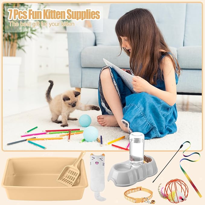 7 Pcs Small Cat Kitten Starter Kit Cat Litter Box with Shovel Paw Litter Mat Double Automatic Kitten Bowls Toy Teaser Stick Collar Essentials Kits for 1-3 Lbs Beginner(Simple,Khaki)