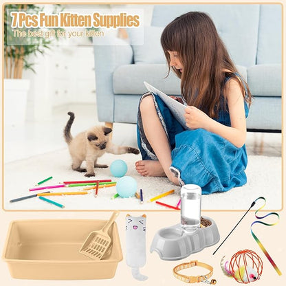 7 Pcs Small Cat Kitten Starter Kit Cat Litter Box with Shovel Paw Litter Mat Double Automatic Kitten Bowls Toy Teaser Stick Collar Essentials Kits for 1-3 Lbs Beginner(Simple,Khaki)