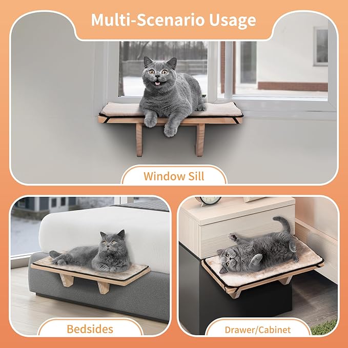 PETSFIT Window Perch, Cat Hammock Window Seat with Natural Solid Wood&Removable Fleece Mat,Safety Sturdy Cat Bed for Windowsill, Bedside and Drawer