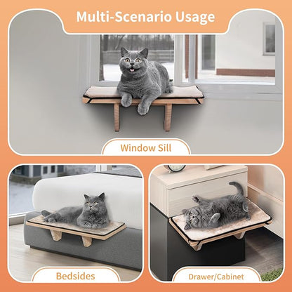 PETSFIT Window Perch, Cat Hammock Window Seat with Natural Solid Wood&Removable Fleece Mat,Safety Sturdy Cat Bed for Windowsill, Bedside and Drawer
