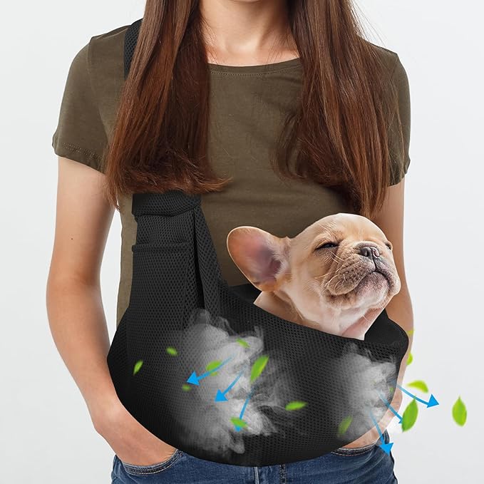Dog Carrier Sling - Ultra Breathable Reversible Puppy Carrier Purse with Storage Pocket, Travel Safety Harness, Hand-Free Dog Sling Carrier for Carry Small Dogs and Cats, Dog and Cat Harness(Black)